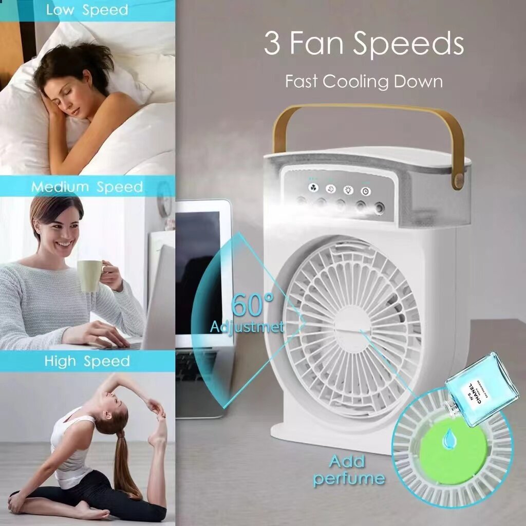 Ventilateur brumisateur portable USB Zeboora - vue d'ensemble avec accessoires